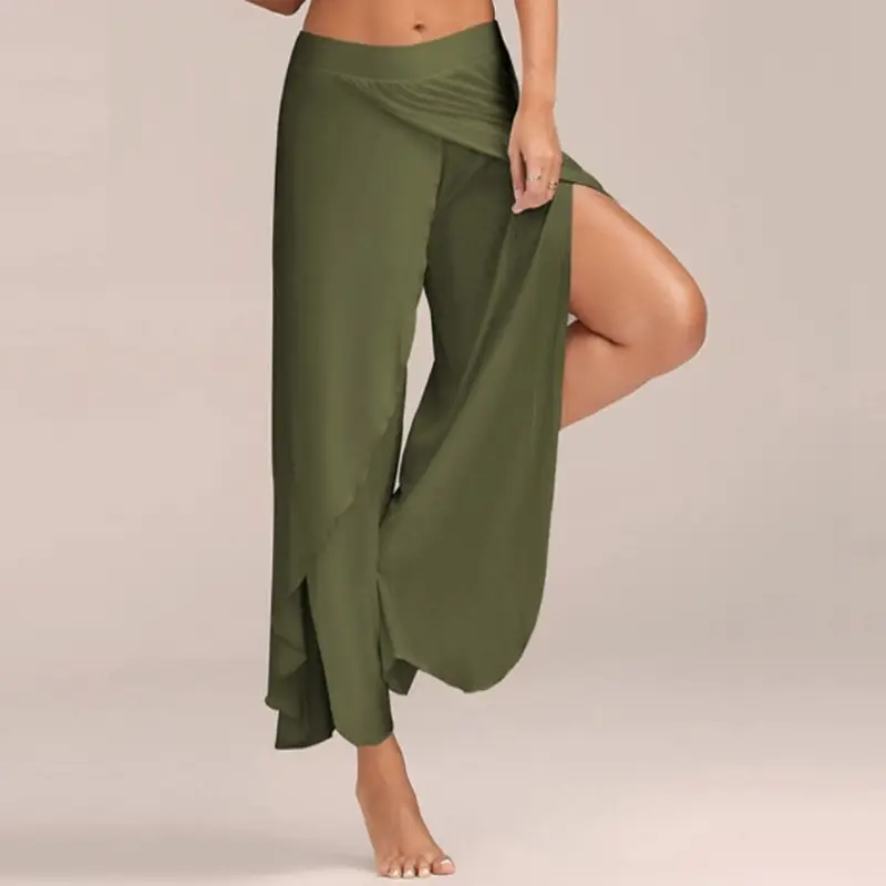 Women's Wide Leg Summer Pants Olive Green Cross Back - Image 6