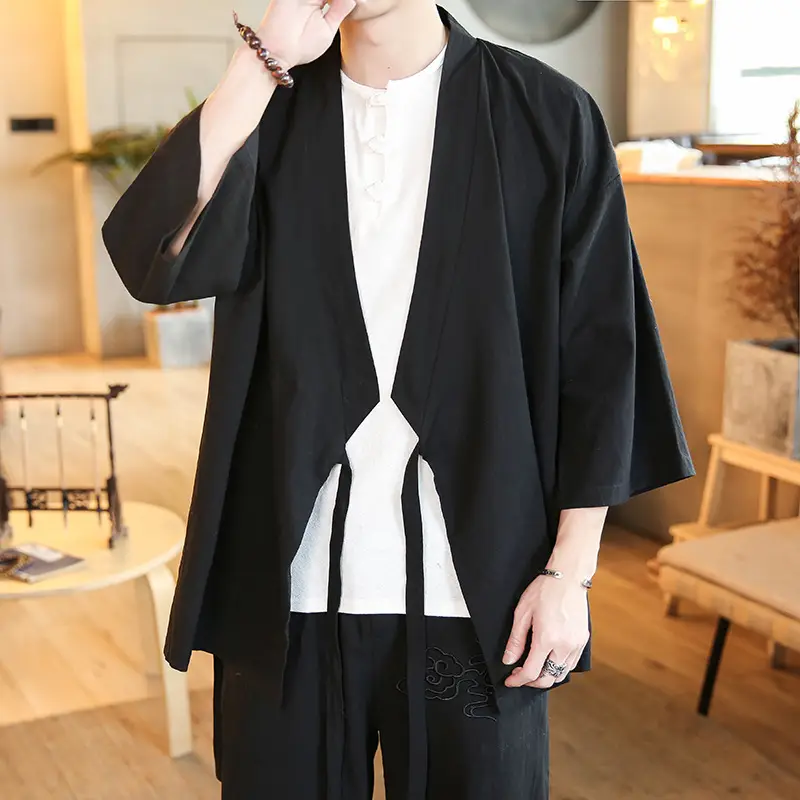 Men Chinese Hanfu Robe Coat Navy Blue 906 - Image 6