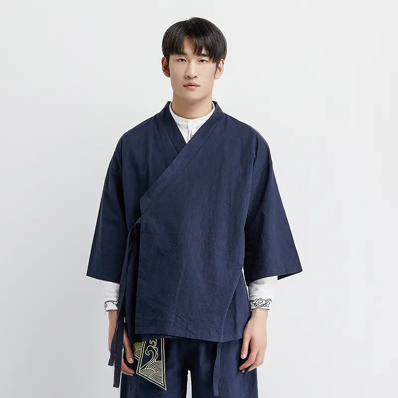 Men Chinese Hanfu Robe Coat Navy Blue 906 - Image 9
