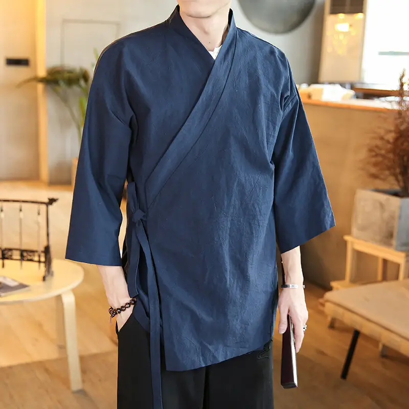 Men Chinese Hanfu Robe Coat Navy Blue 906 - Image 3