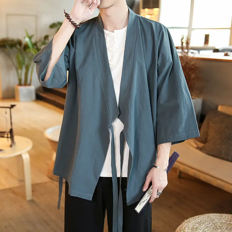 Men Chinese Hanfu Robe Coat Navy Blue 906 - Image 4