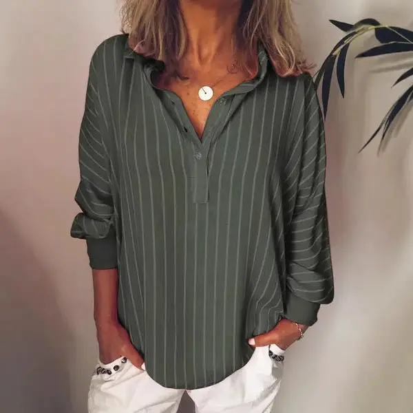 Women's Blue Striped Long Sleeve Button Down Shirt - Image 6