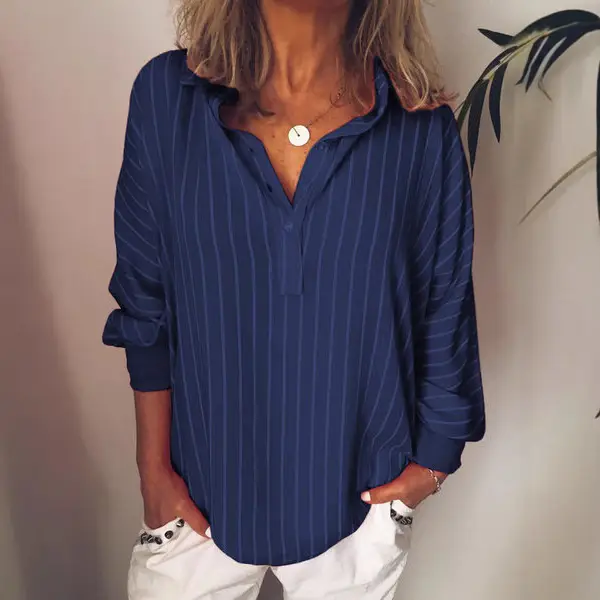 Women's Blue Striped Long Sleeve Button Down Shirt - Image 8
