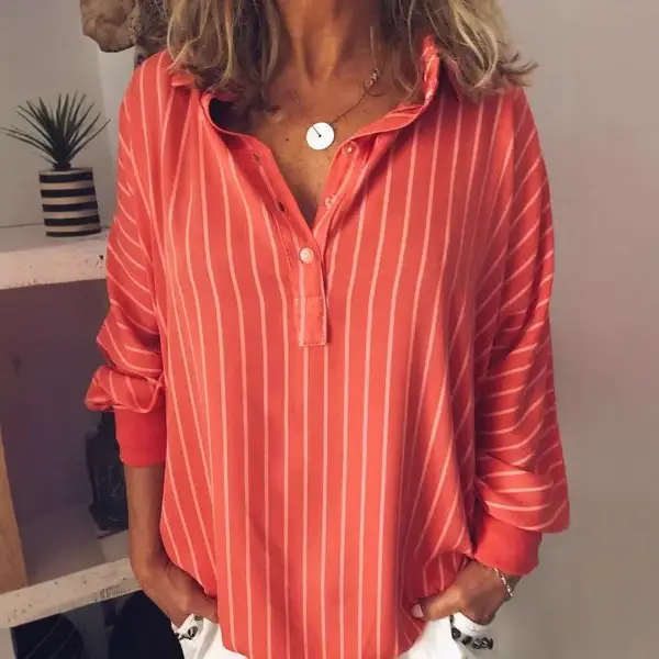 Women's Blue Striped Long Sleeve Button Down Shirt - Image 9