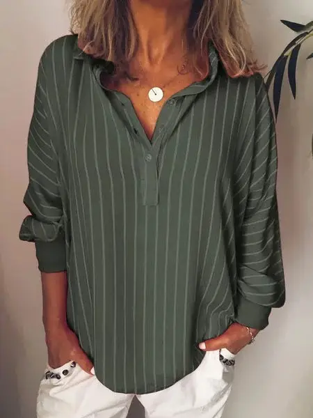 Women's Blue Striped Long Sleeve Button Down Shirt - Image 3