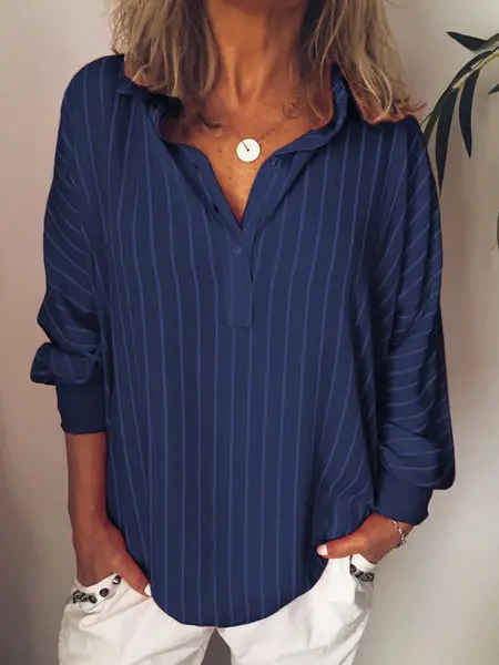 Women's Blue Striped Long Sleeve Button Down Shirt - Image 4