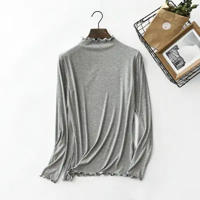 Women Grey Modal Half High Collar Long Sleeve T-Shirt - Image 12