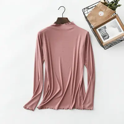 Women Grey Modal Half High Collar Long Sleeve T-Shirt - Image 3