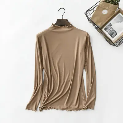 Women Grey Modal Half High Collar Long Sleeve T-Shirt - Image 4