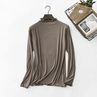Women Grey Modal Half High Collar Long Sleeve T-Shirt - Image 8