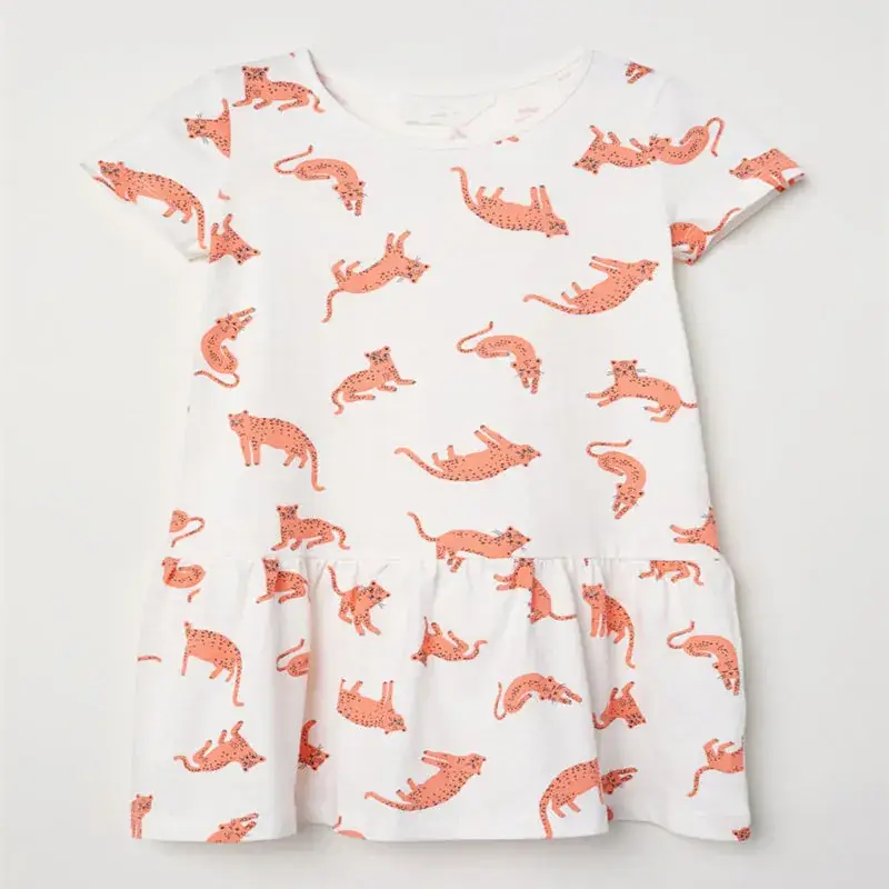Spring Girls Cartoon Cat Print Lady Dress White