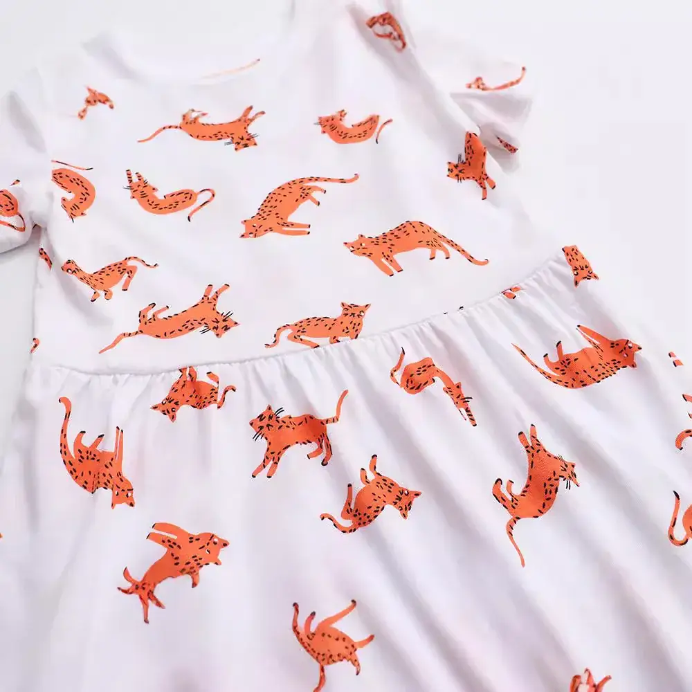 Spring Girls Cartoon Cat Print Lady Dress White