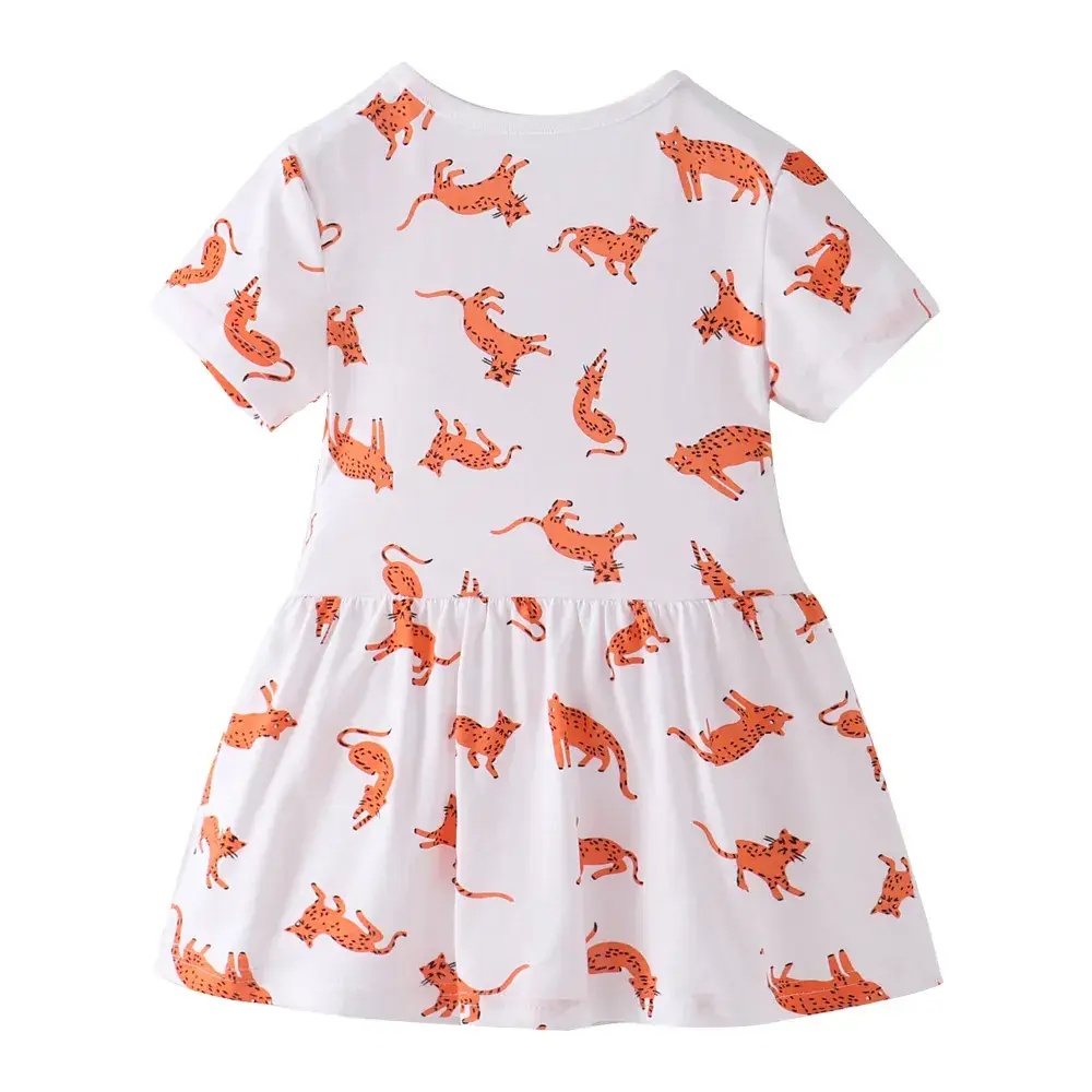 Spring Girls Cartoon Cat Print Lady Dress White