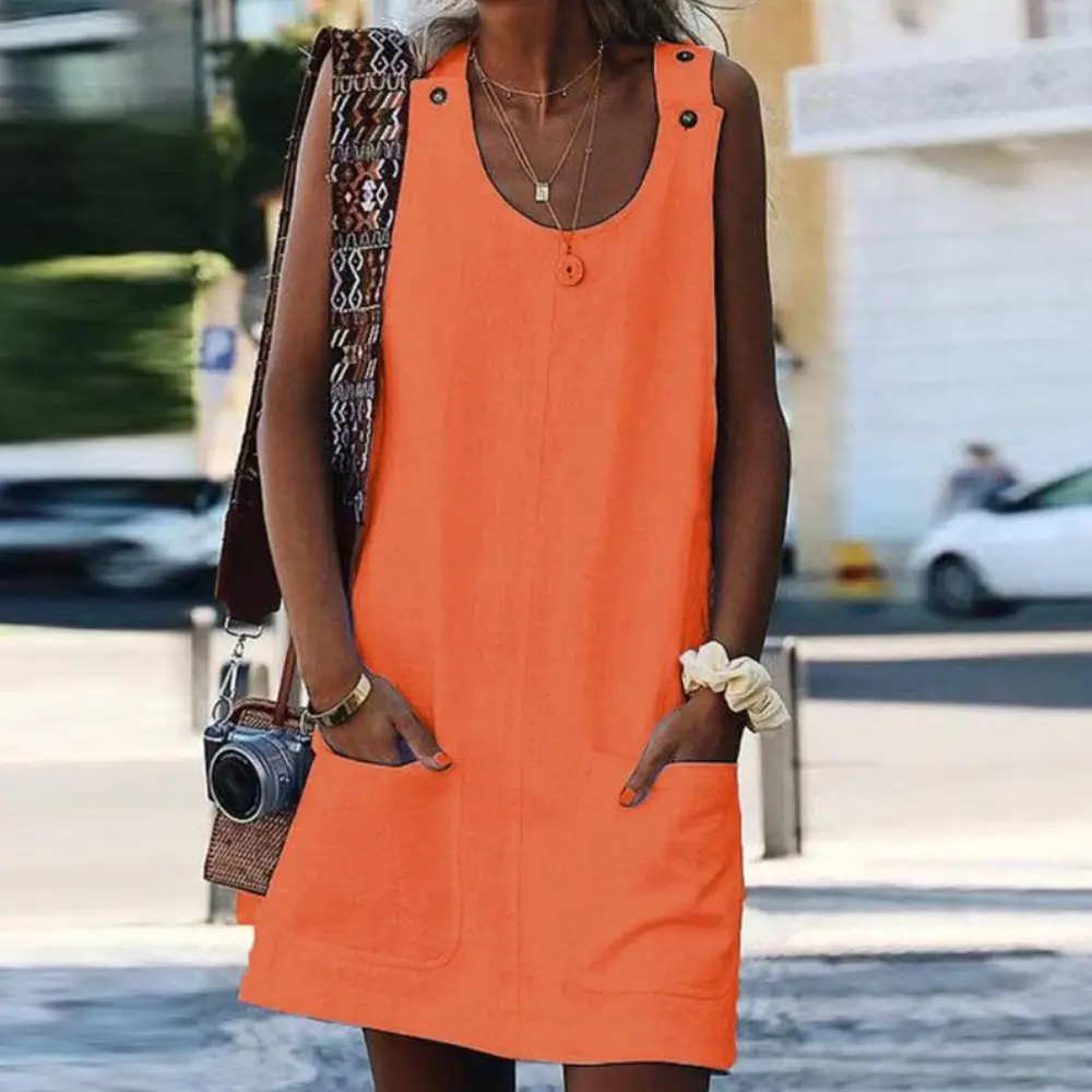 2019 Women's Flap Pocket Dress Cotton Linen Button - Image 3