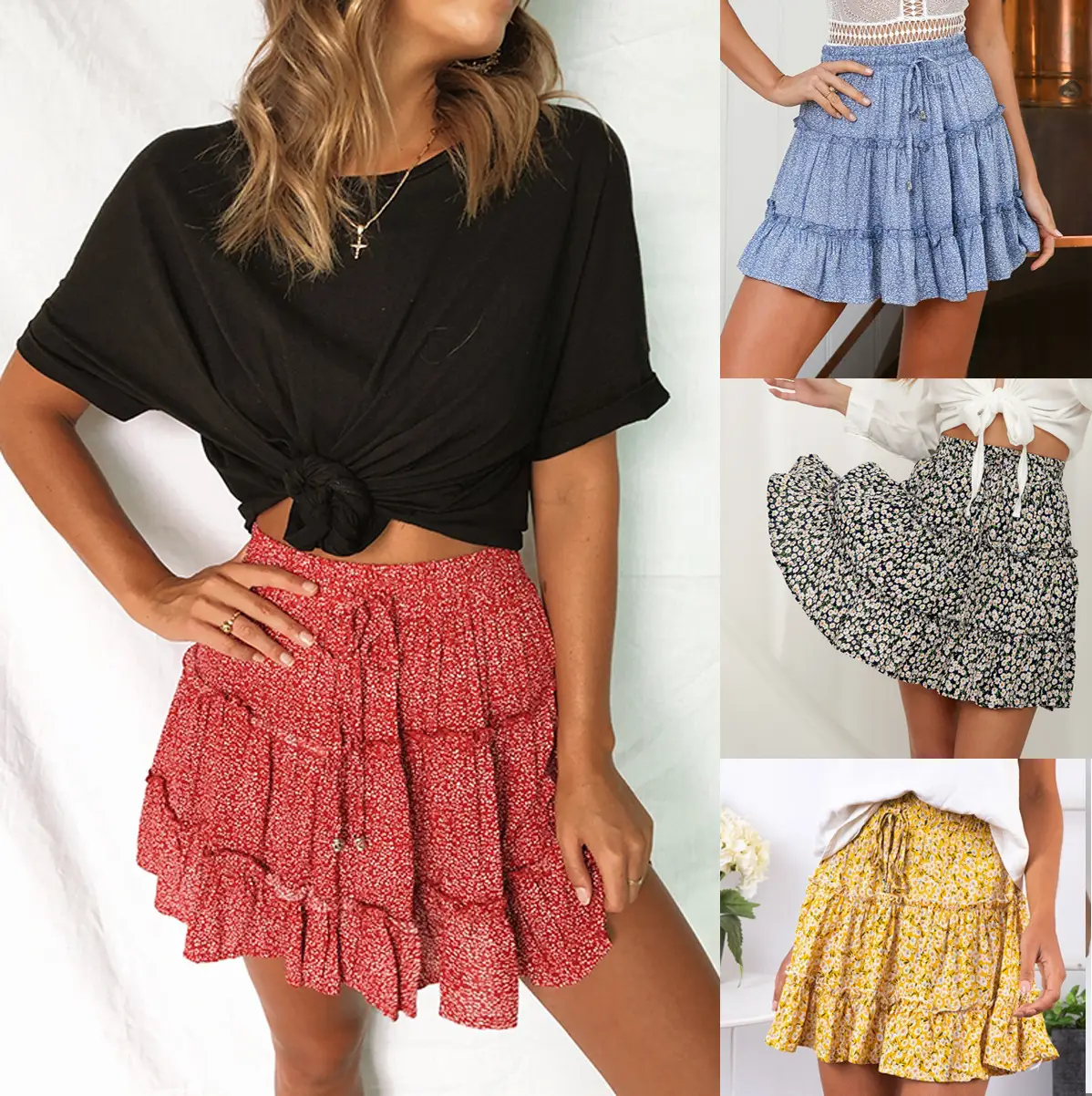 Women High Waist Ruffled Floral Skirt White - Image 22