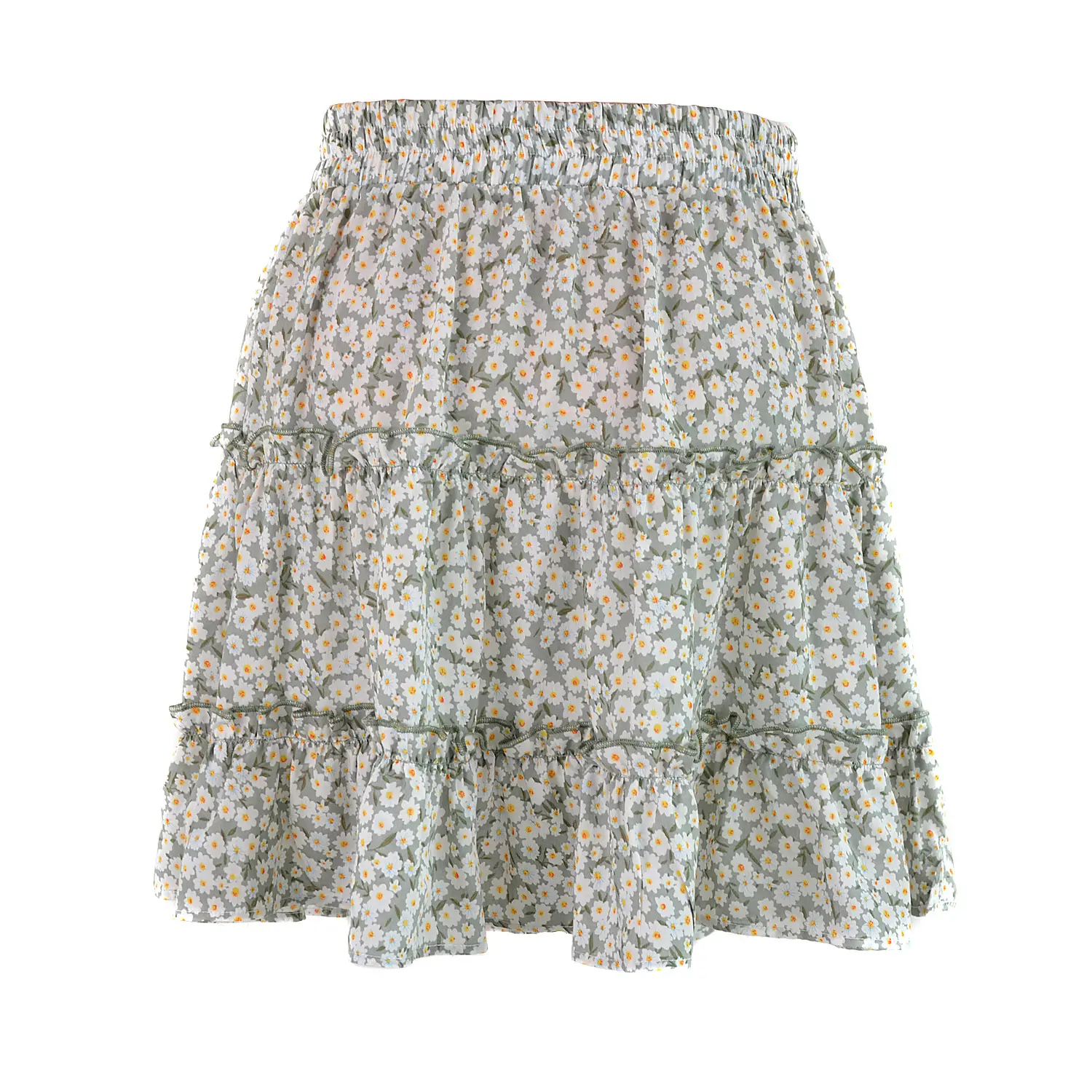 Women High Waist Ruffled Floral Skirt White — feature 17