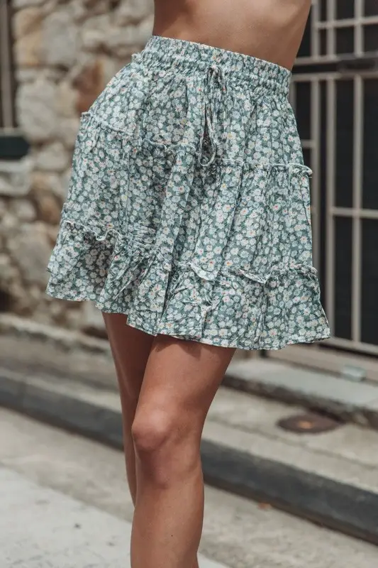Women High Waist Ruffled Floral Skirt White — feature 19
