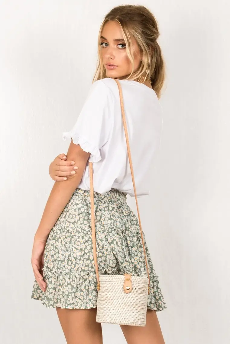 Women High Waist Ruffled Floral Skirt White — feature 23