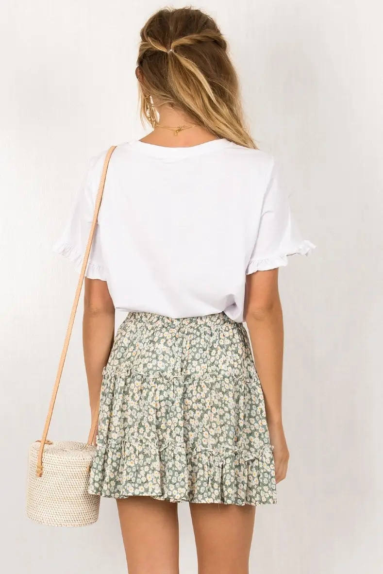 Women High Waist Ruffled Floral Skirt White — feature 24