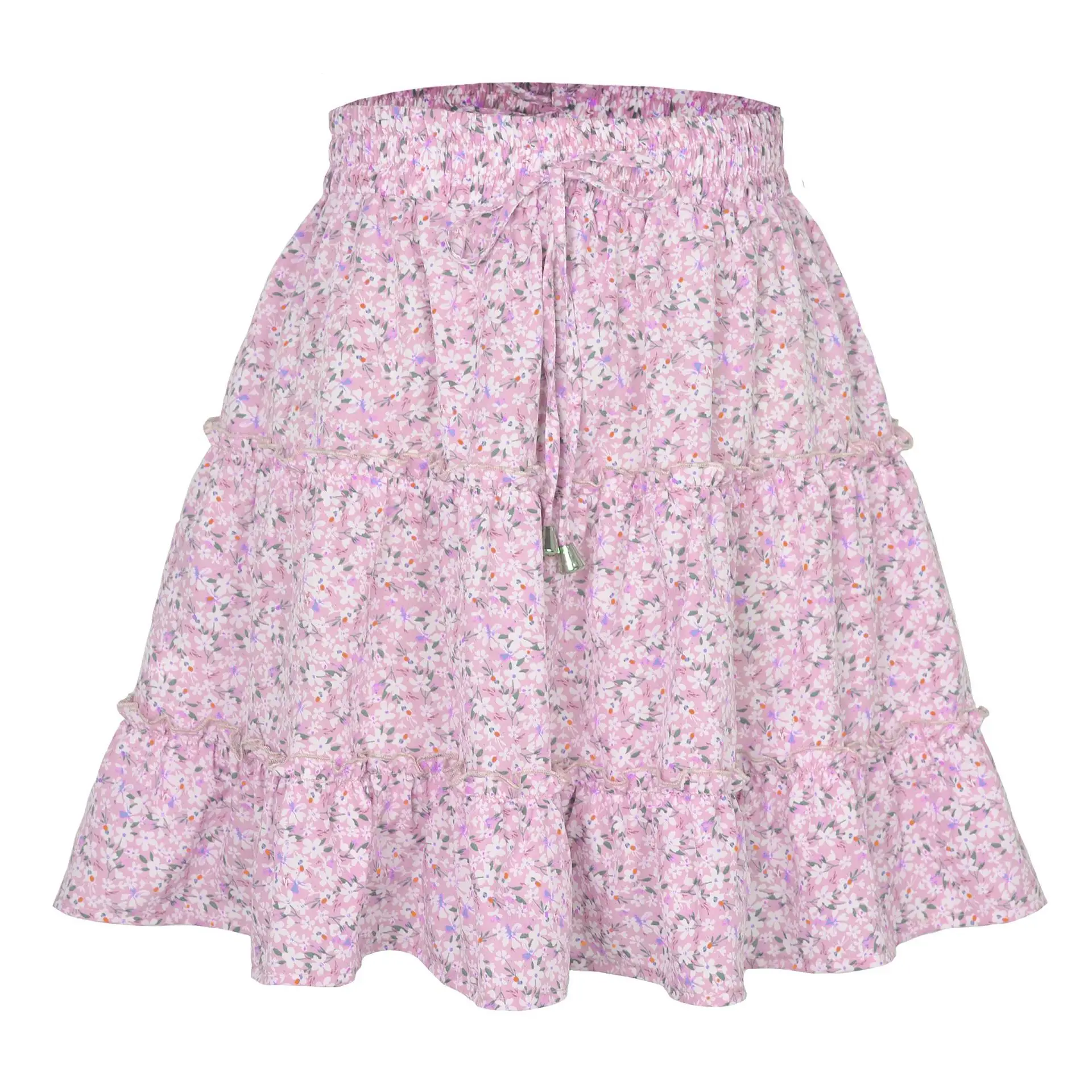 Women High Waist Ruffled Floral Skirt White - Image 10