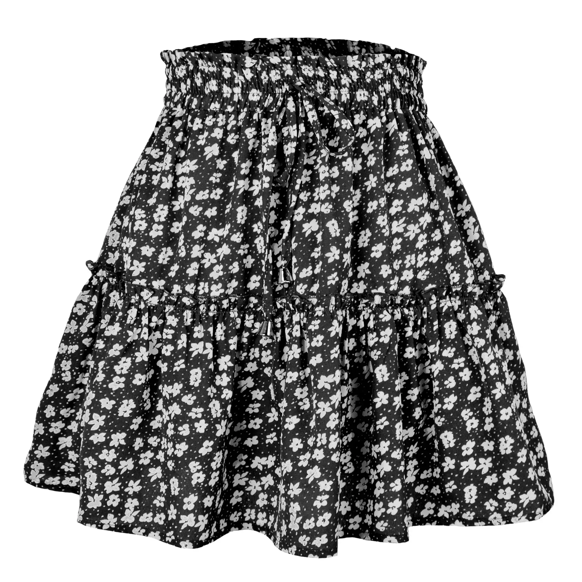 Women High Waist Ruffled Floral Skirt White - Image 14