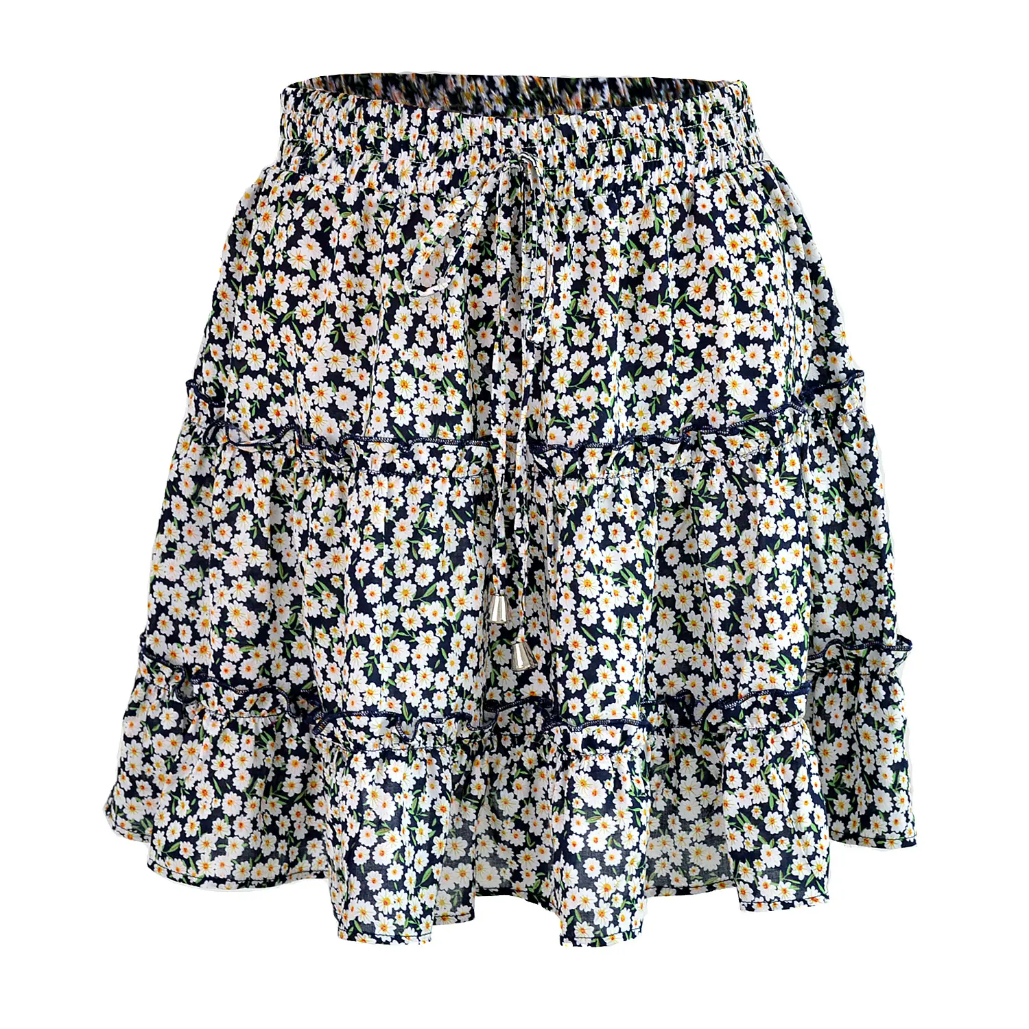 Women High Waist Ruffled Floral Skirt White - Image 3