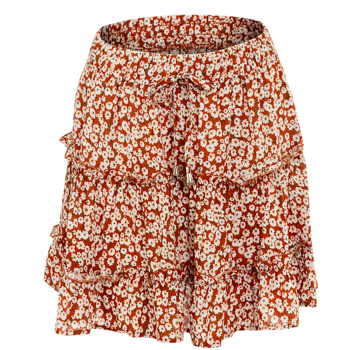 Women High Waist Ruffled Floral Skirt White - Image 9