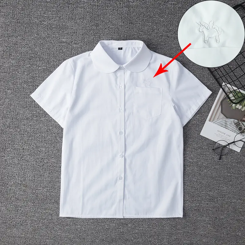 White Short Sleeve College Shirt with Embroidered Logo - Image 3