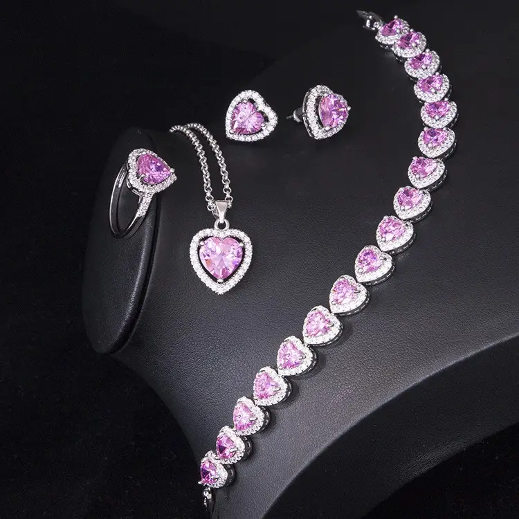 New Year's Pink Zircon Heart Jewelry Set