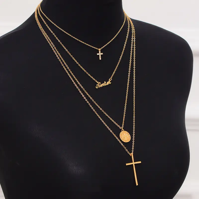 Gold Multi Layer Cross Necklace for Women - Image 3