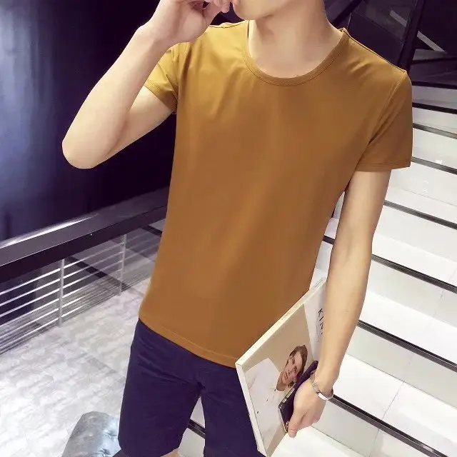 Men's 2023 Summer Slim Fit T-Shirt Brown Round Neck - Image 5