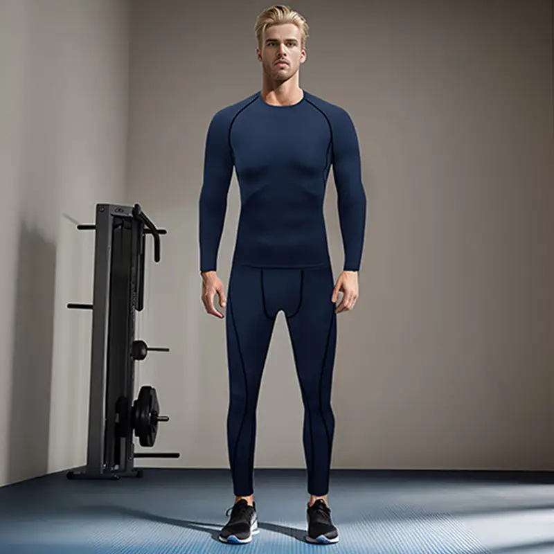 Men's Navy Blue Long Sleeve Running Fitness Tights - Image 8
