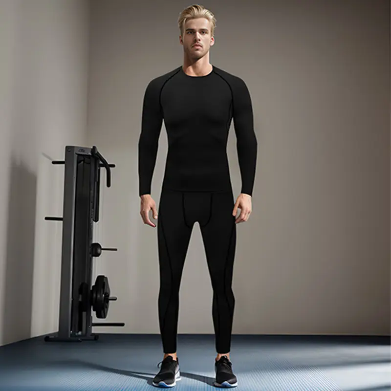 Men's Navy Blue Long Sleeve Running Fitness Tights - Image 9