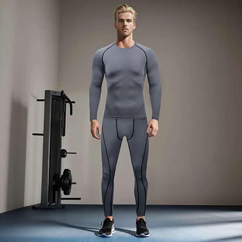 Men's Navy Blue Long Sleeve Running Fitness Tights - Image 11