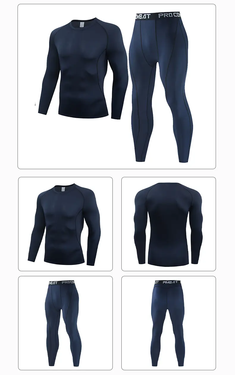 Men's Navy Blue Long Sleeve Running Fitness Tights — feature 13