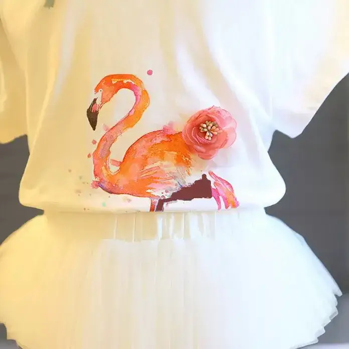 Girls Flamingo Gauze Skirt 2-Piece Summer Dress