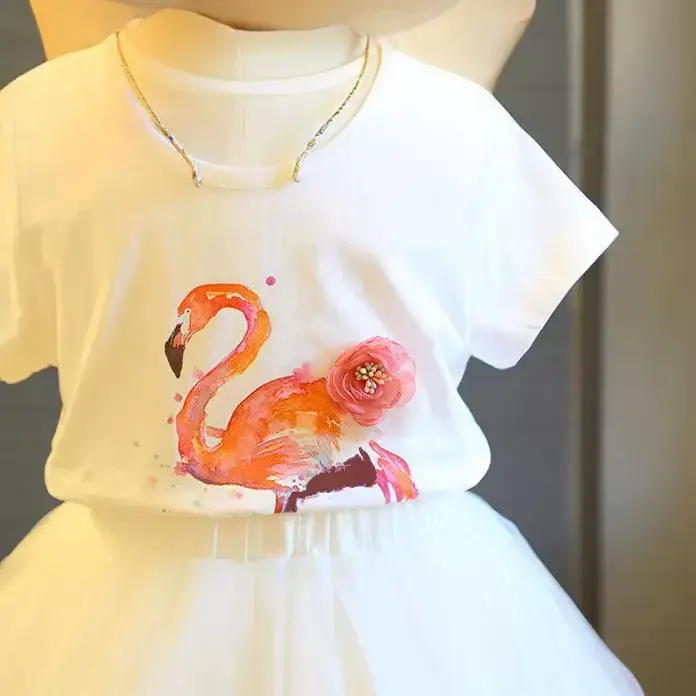 Girls Flamingo Gauze Skirt 2-Piece Summer Dress