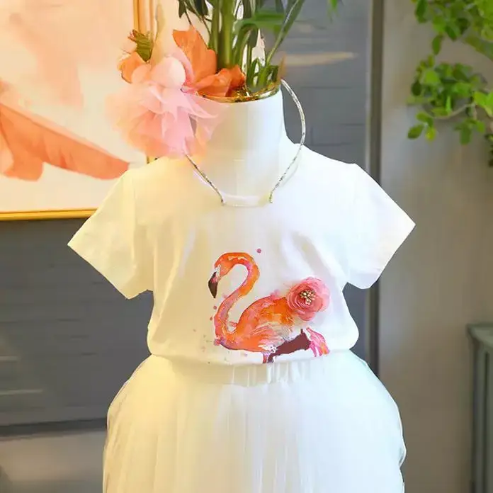 Girls Flamingo Gauze Skirt 2-Piece Summer Dress