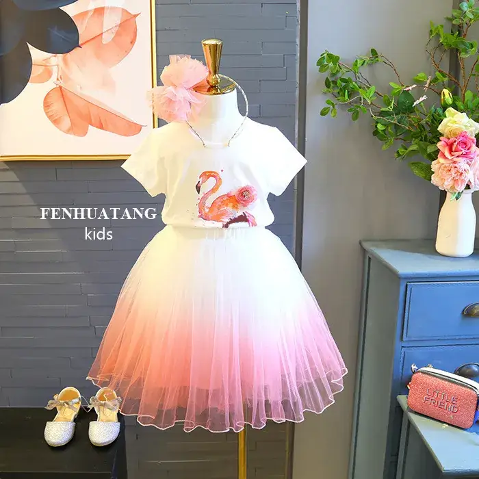 Girls Flamingo Gauze Skirt 2-Piece Summer Dress — feature 2