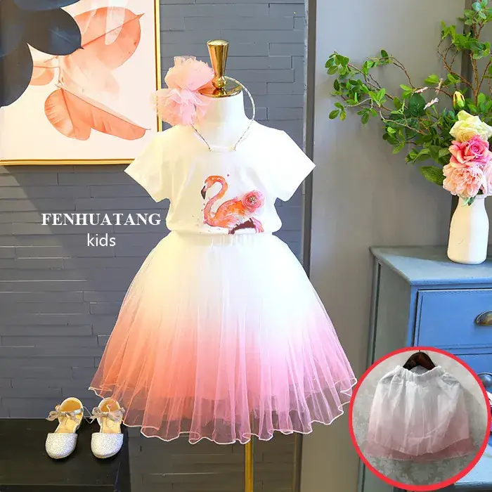 Girls Flamingo Gauze Skirt 2-Piece Summer Dress