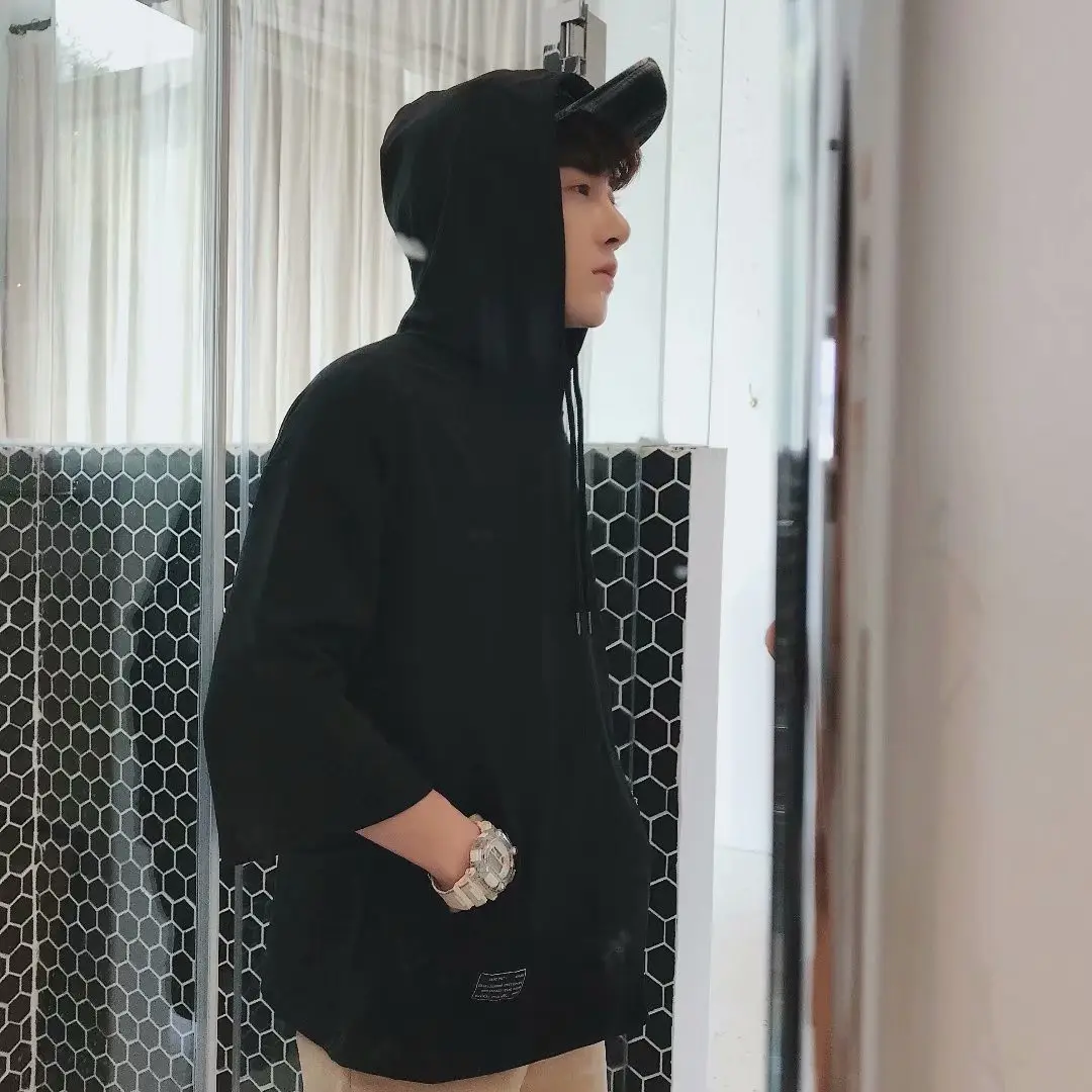 Men Hooded Hoodie Black 5-Point Half Sleeve - Image 5