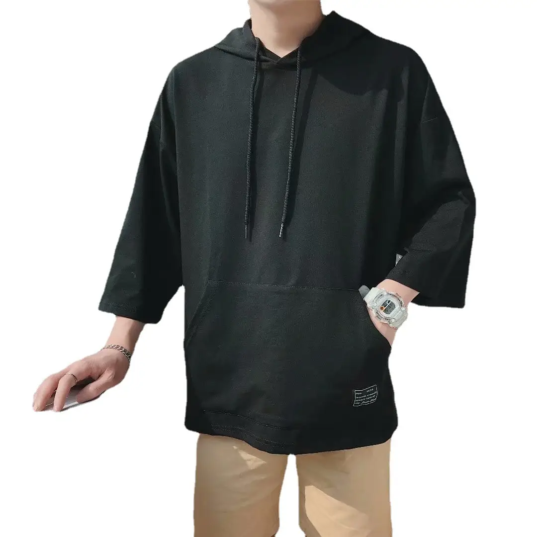 Men Hooded Hoodie Black 5-Point Half Sleeve - Image 6