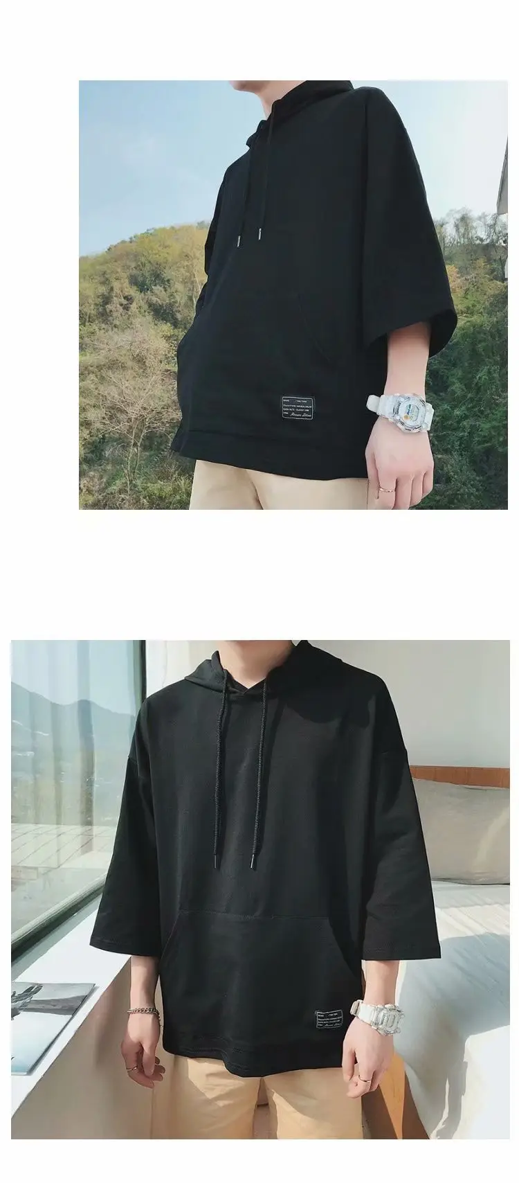 Men Hooded Hoodie Black 5-Point Half Sleeve — feature 19