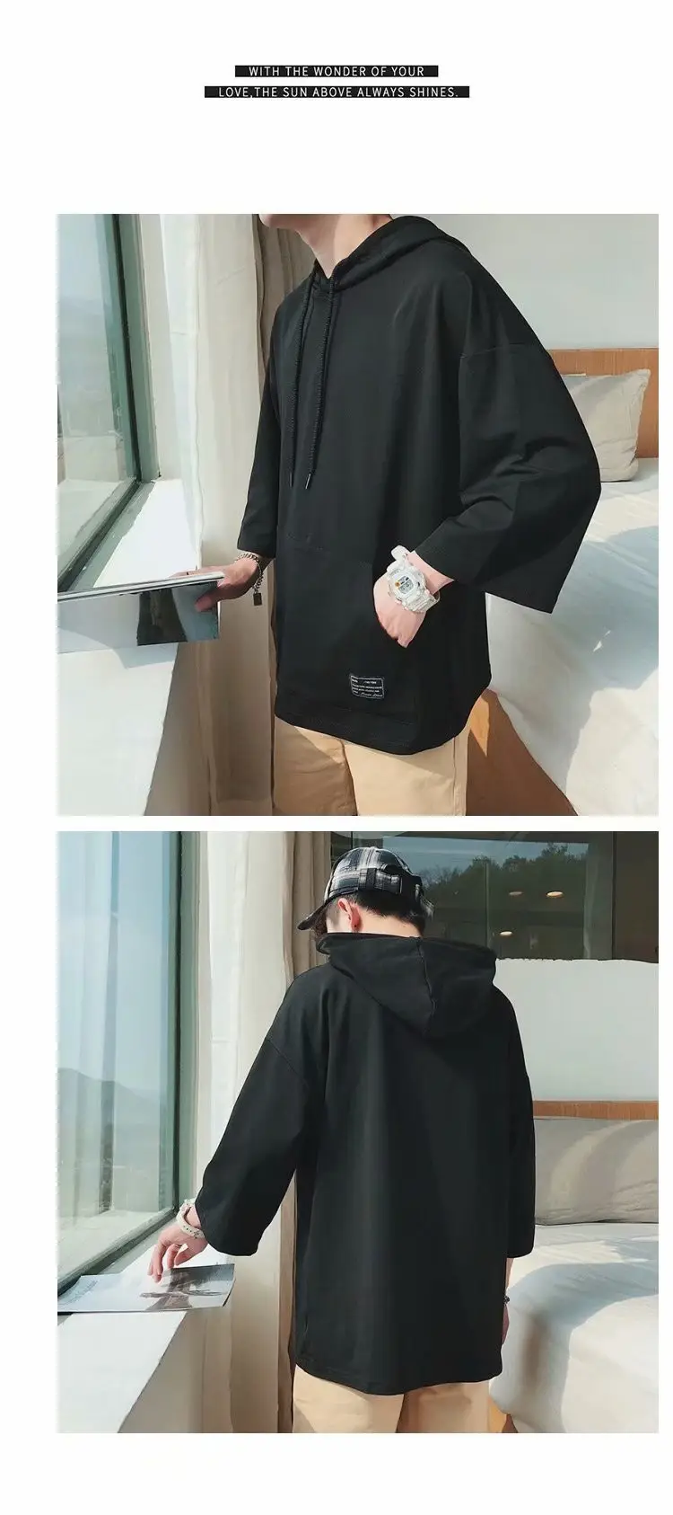 Men Hooded Hoodie Black 5-Point Half Sleeve — feature 20