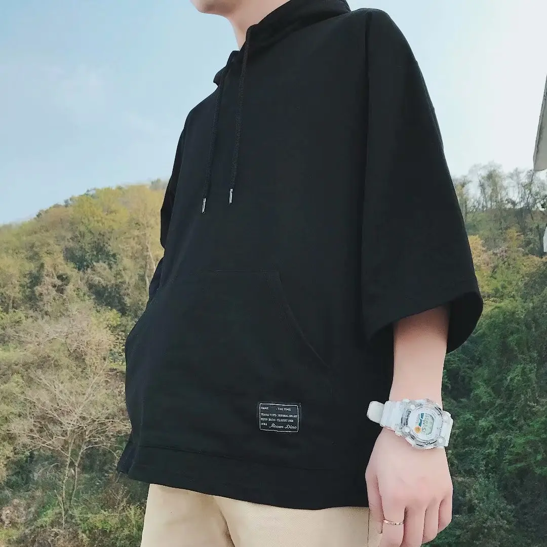 Men Hooded Hoodie Black 5-Point Half Sleeve — feature 29