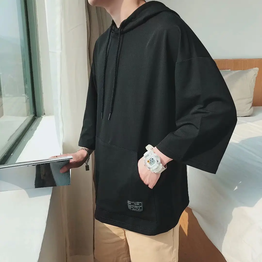 Men Hooded Hoodie Black 5-Point Half Sleeve — feature 31