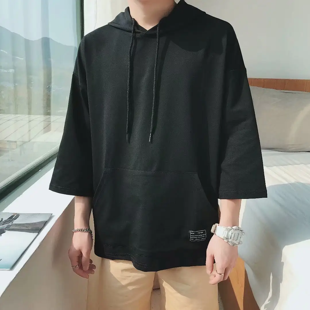 Men Hooded Hoodie Black 5-Point Half Sleeve — feature 34