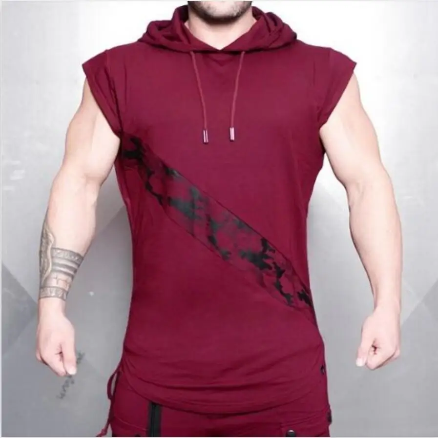 Men's Maroon Camo Hooded Sleeveless T-Shirt