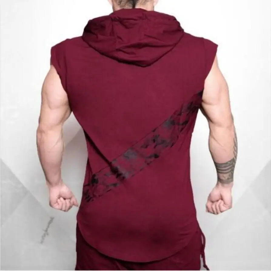 Men's Maroon Camo Hooded Sleeveless T-Shirt