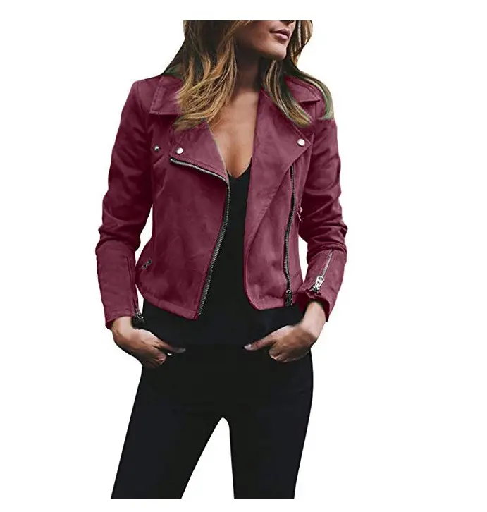 Women's Maroon Lapel Zipper Jacket with Black Pants